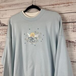 Womens NOS VTG Day Break Collared Pullover Sweatshirt Blue Embroidered Angel XL